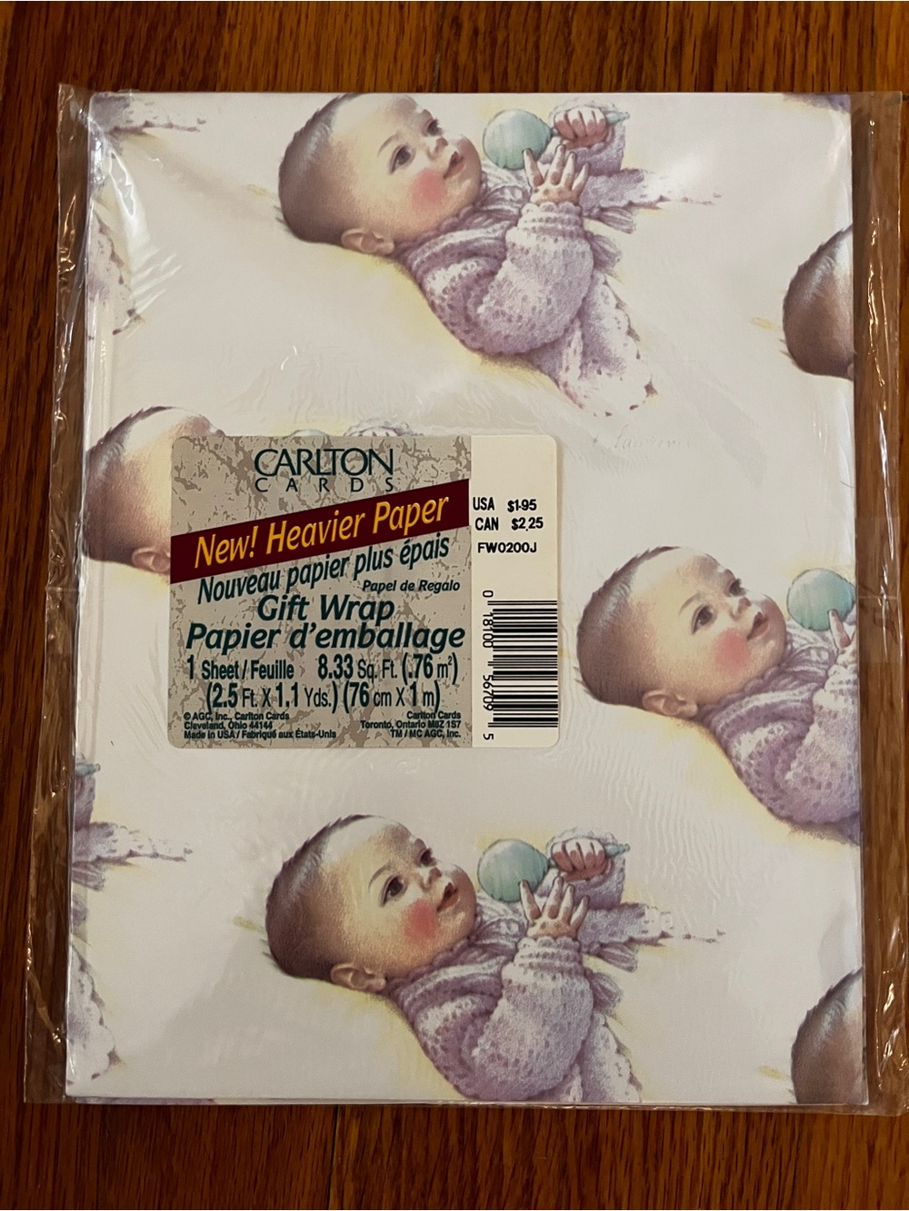 Vtg Carlton Cards Retro Nursery Baby with Rattle Gift Wrap Paper New Sealed